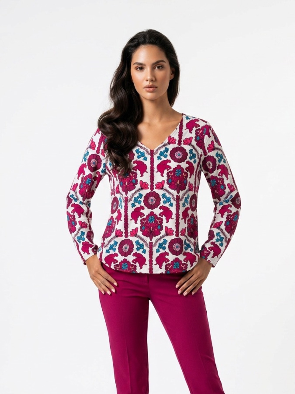 crown & ivy White Top with Red and Teal Floral & Elephant Print